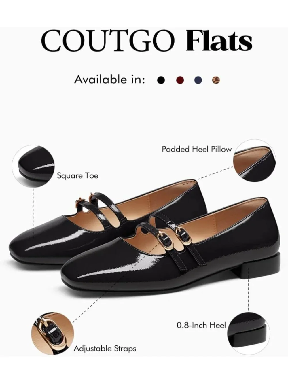Women's Black Faux Leather Square Toe Ballet Flats Double Strap Slip On Shoes